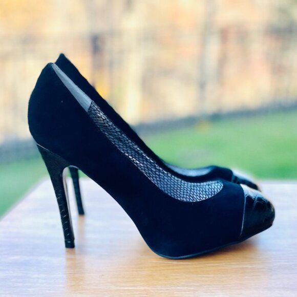 CURATIONS Black Suede Croc Embossed Cap Toe Stiletto Heels Size 8.5 - Picture 3 of 9